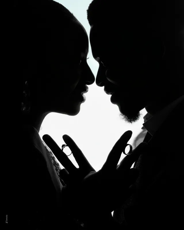 A couple silhouetted forehead to forehead, showing their rings